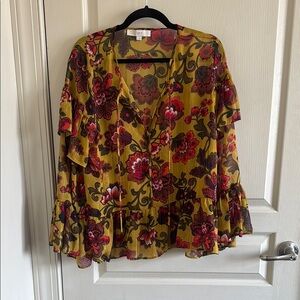 LOFT Red and Pink Flutter Sleeve Blouse
